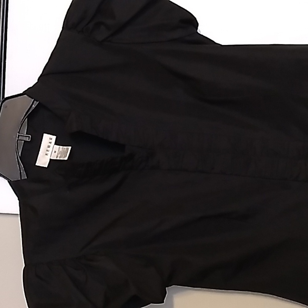 Black puff sleeved button front top